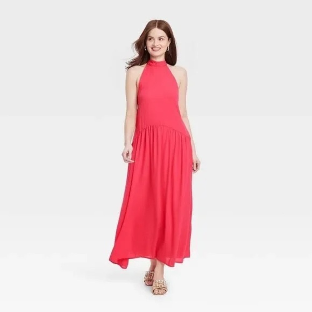 A New Day Hot Pink Halter Tie Neck Midi Dress Pockets Sleeveless Size L NWT - Picture 1 of 5
